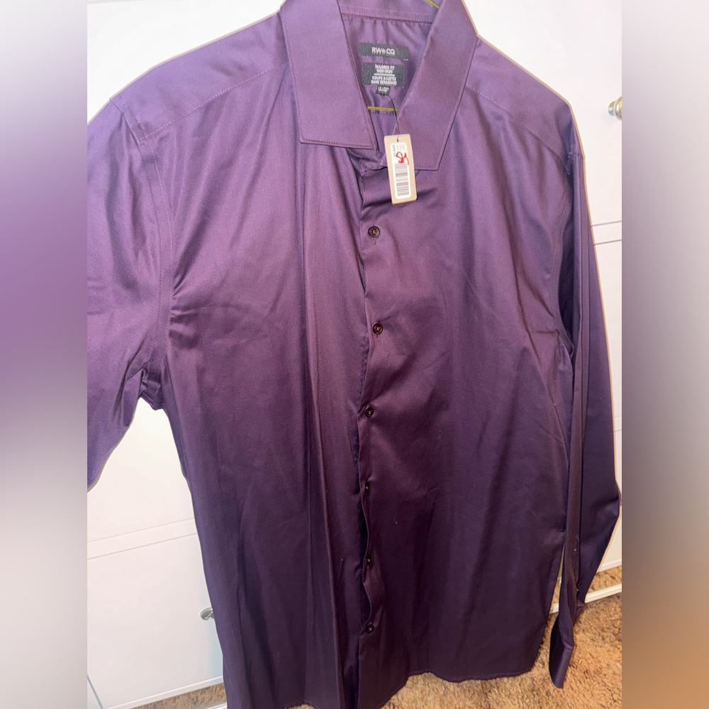 NWT - RW&CO. Men's Deep Plum Dress Shirt Tailored Fit 17-17.5 XL Non-Iron